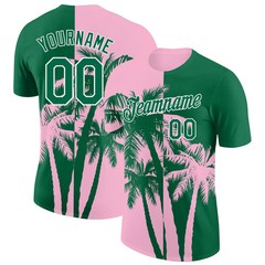 Custom Kelly Green Light Pink White Hawaii Palm Tree T-Shirt Tropical Summer