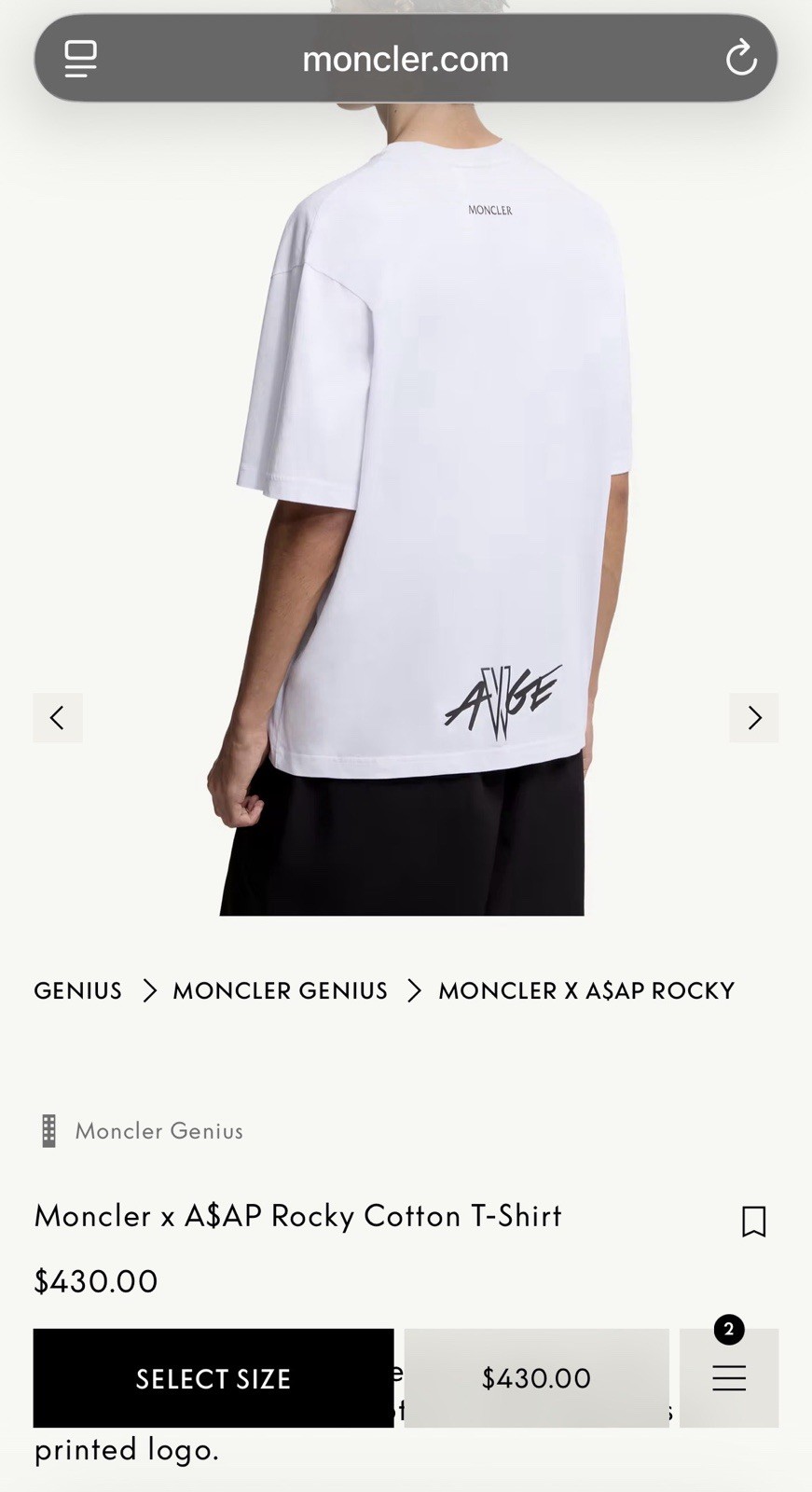 Moncler x ASAP Rocky Cotton T-Shirt Size L Limited Edition