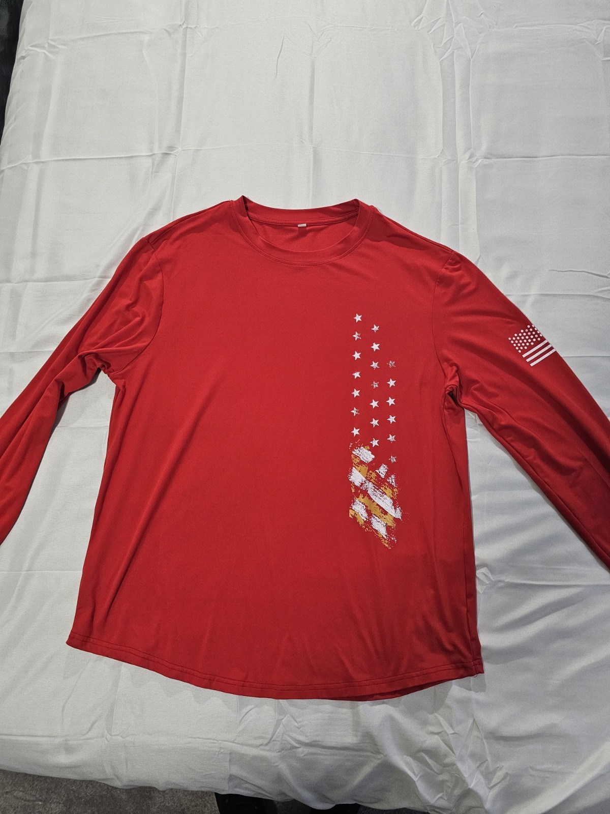 Patriotic Red Long Sleeve Shirt With U.S. Flag On Front Of Shirt Size Large
