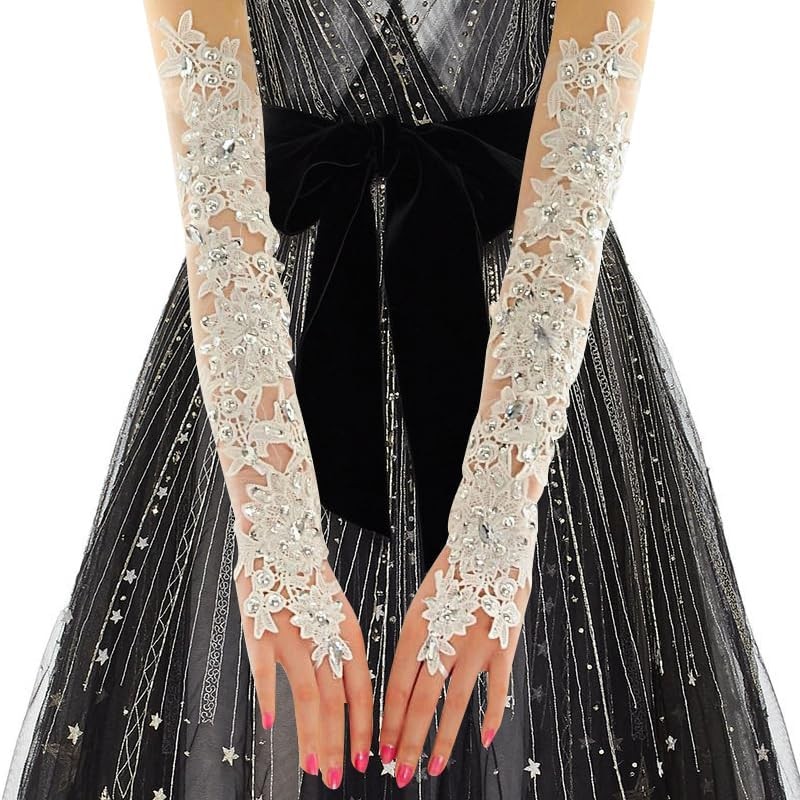 White Lace Rhinestone Fingerless Bridal Glove,Lace Gloves Long,Prom For Weddi... gallery