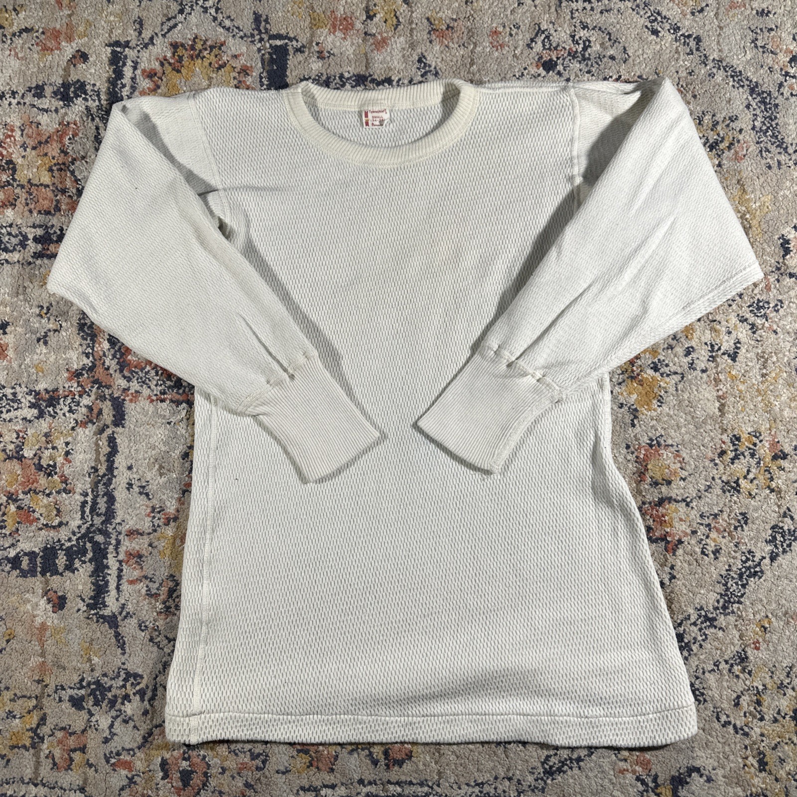 VTG 60s 70s Towncraft Thick Thermal Sweater size S Ivory Off White Waffle Knit gallery
