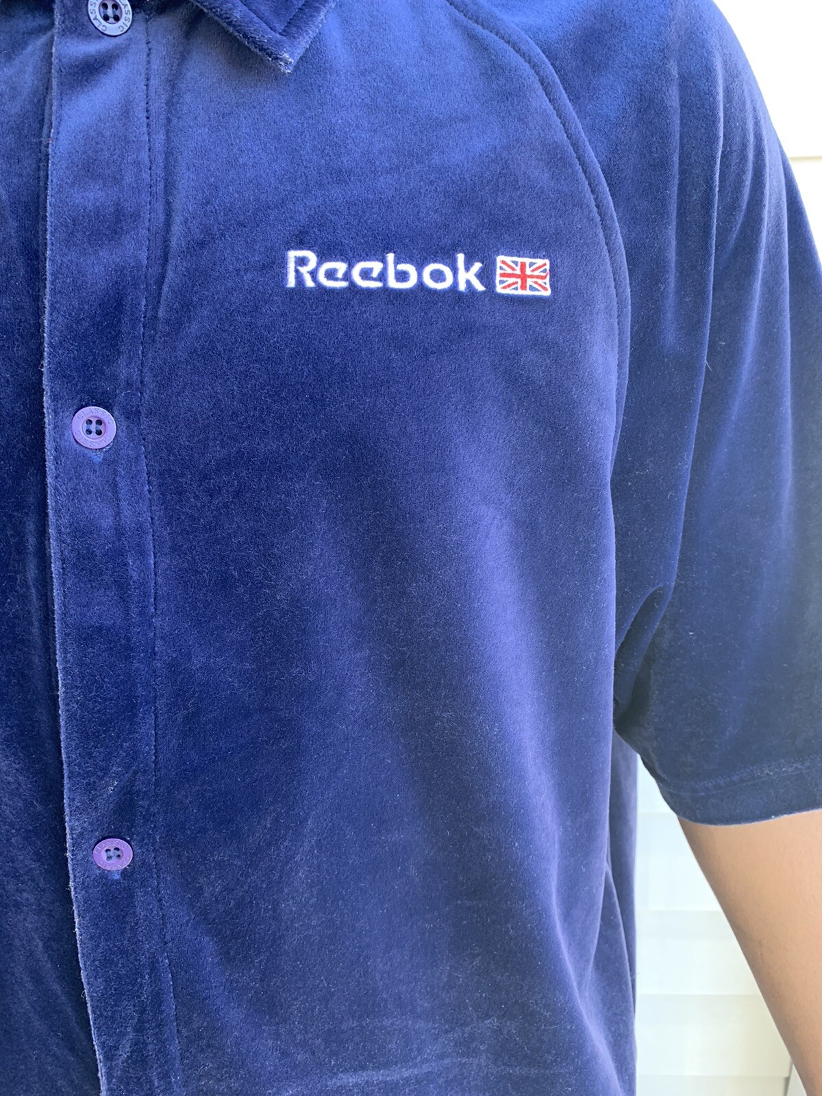 Reebok Classic Men’s Vintage Retro velvet like blue button down shirt top gallery