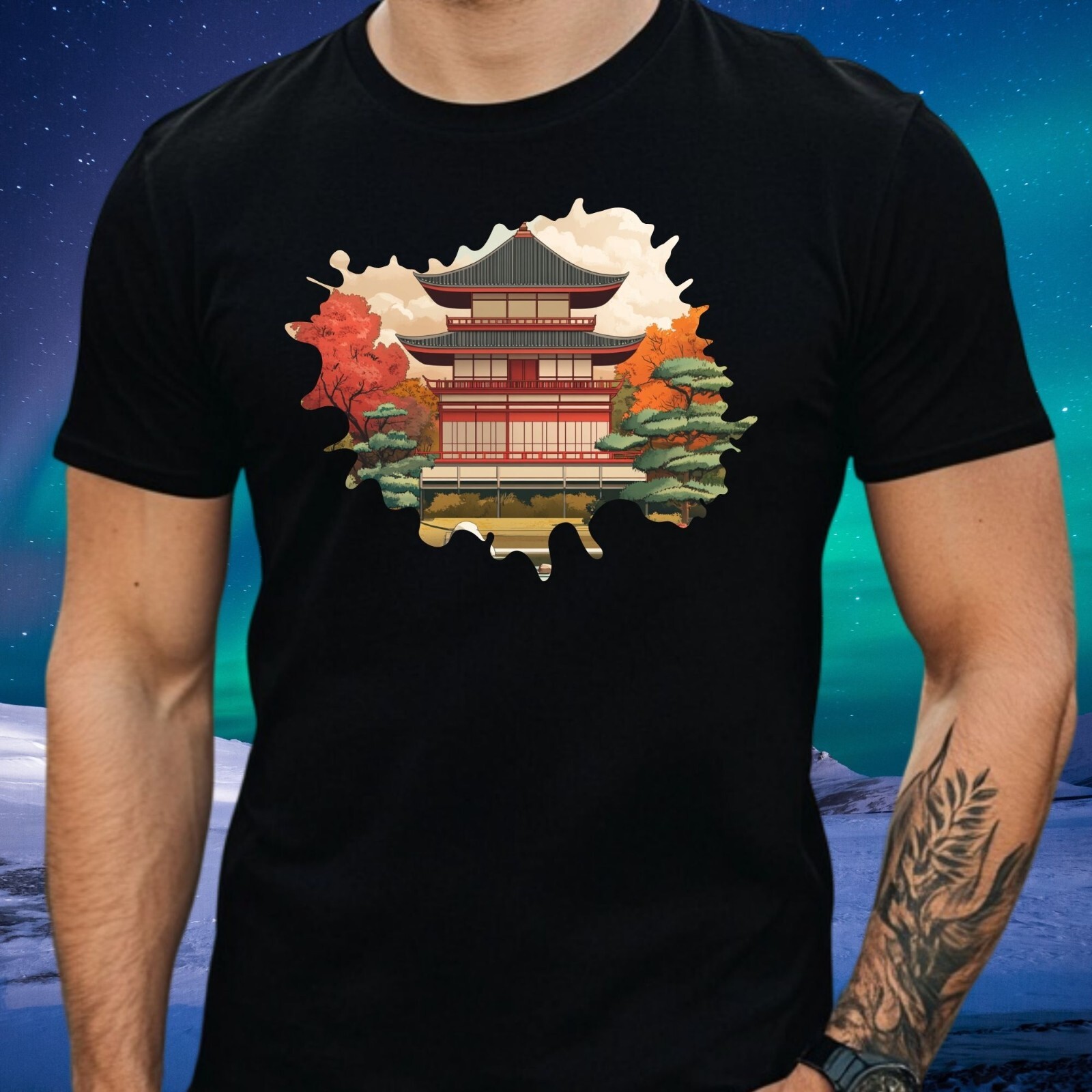 Mens Traditional Japanese Building Motif Cotton T-Shirt Size XS to 5XL gallery