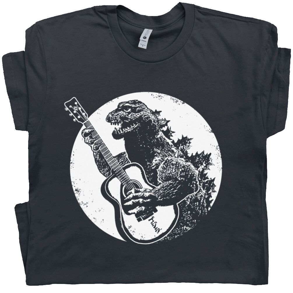 Cool Guitar T Shirt Vintage Godzilla Acoustic Electric Bass Drum Fender Men Band