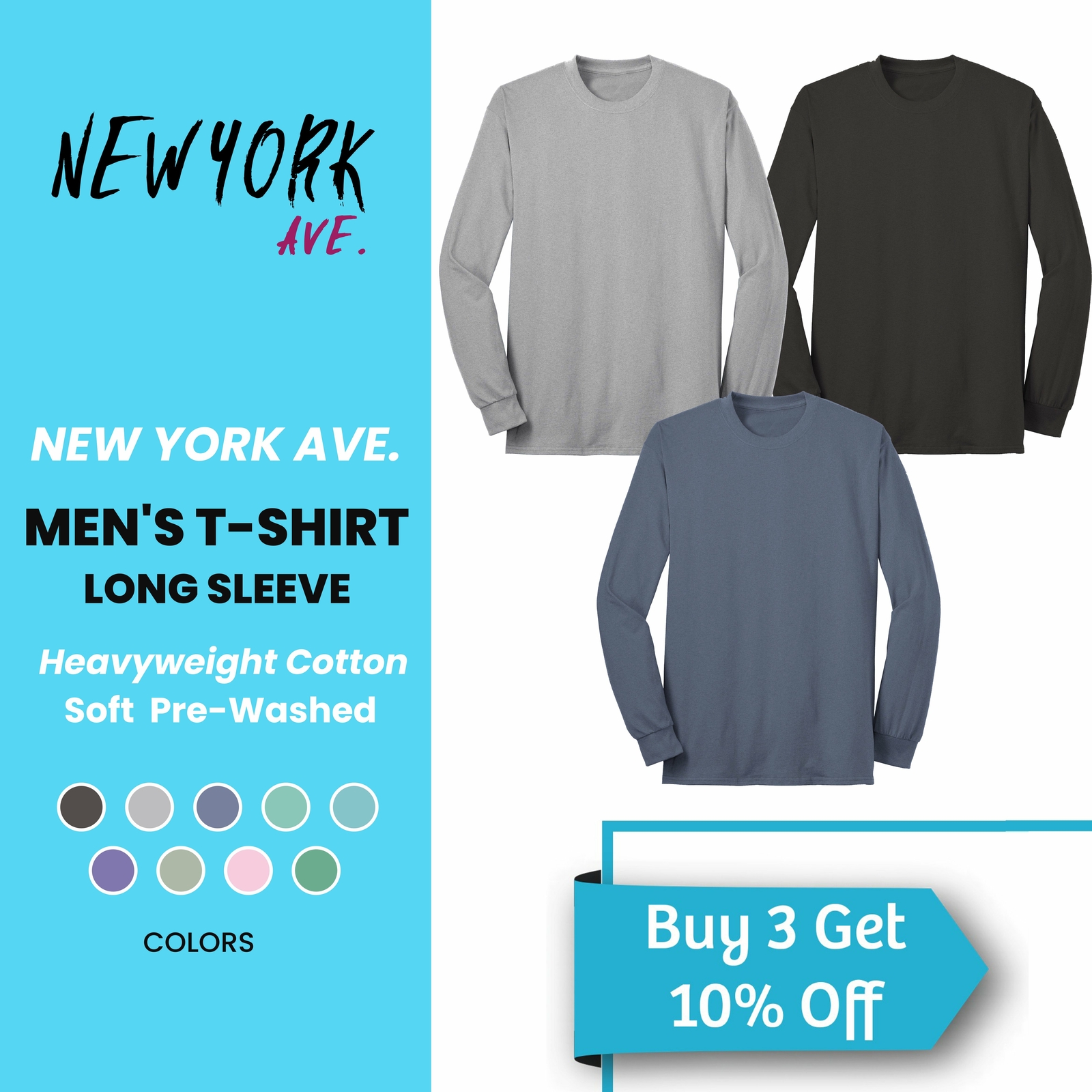 Men’s T-Shirt Long Sleeve Cotton Crew Neck Soft Pre-Washed Heavyweight