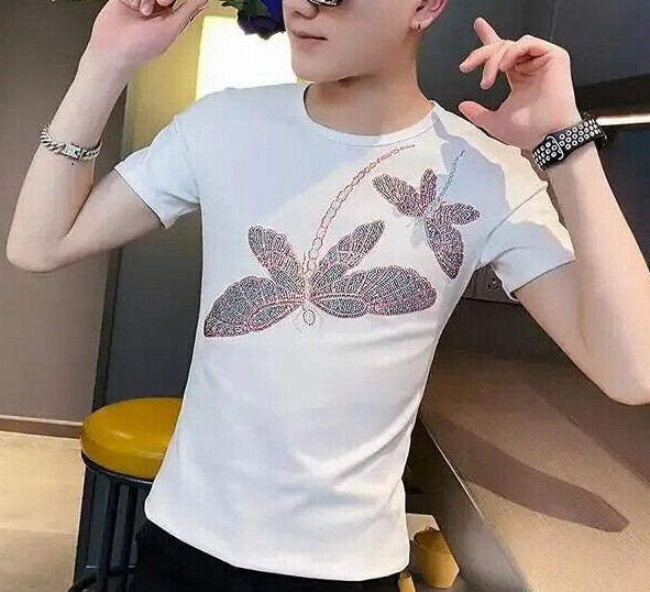 New Men Luxury Rhinestones Dragonfly Fashion Black White T-Shirt High Quality gallery