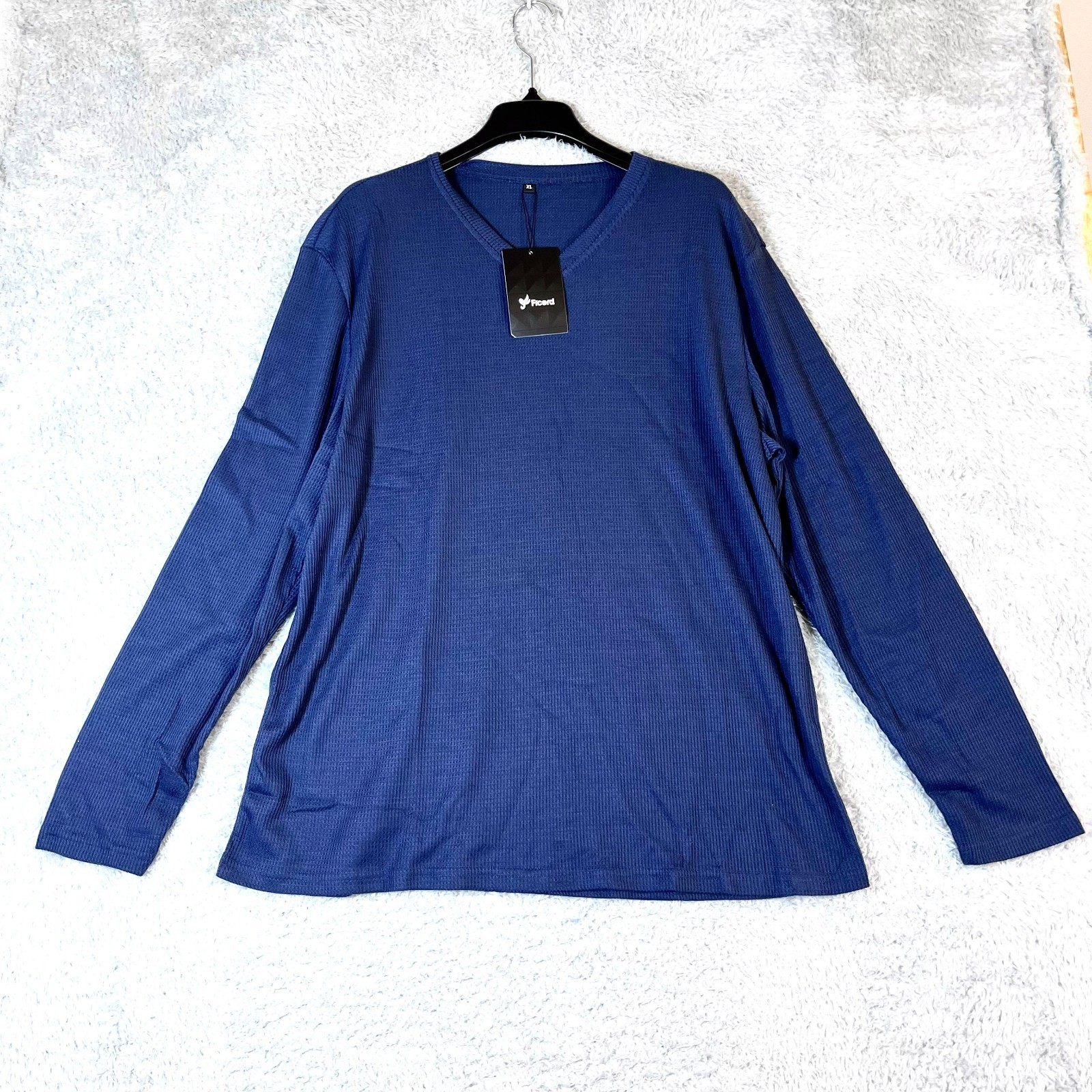 Ficerd Men’s Solid Blue V-neck Long Sleeve Thermal Waffle T-Shirt Size XL