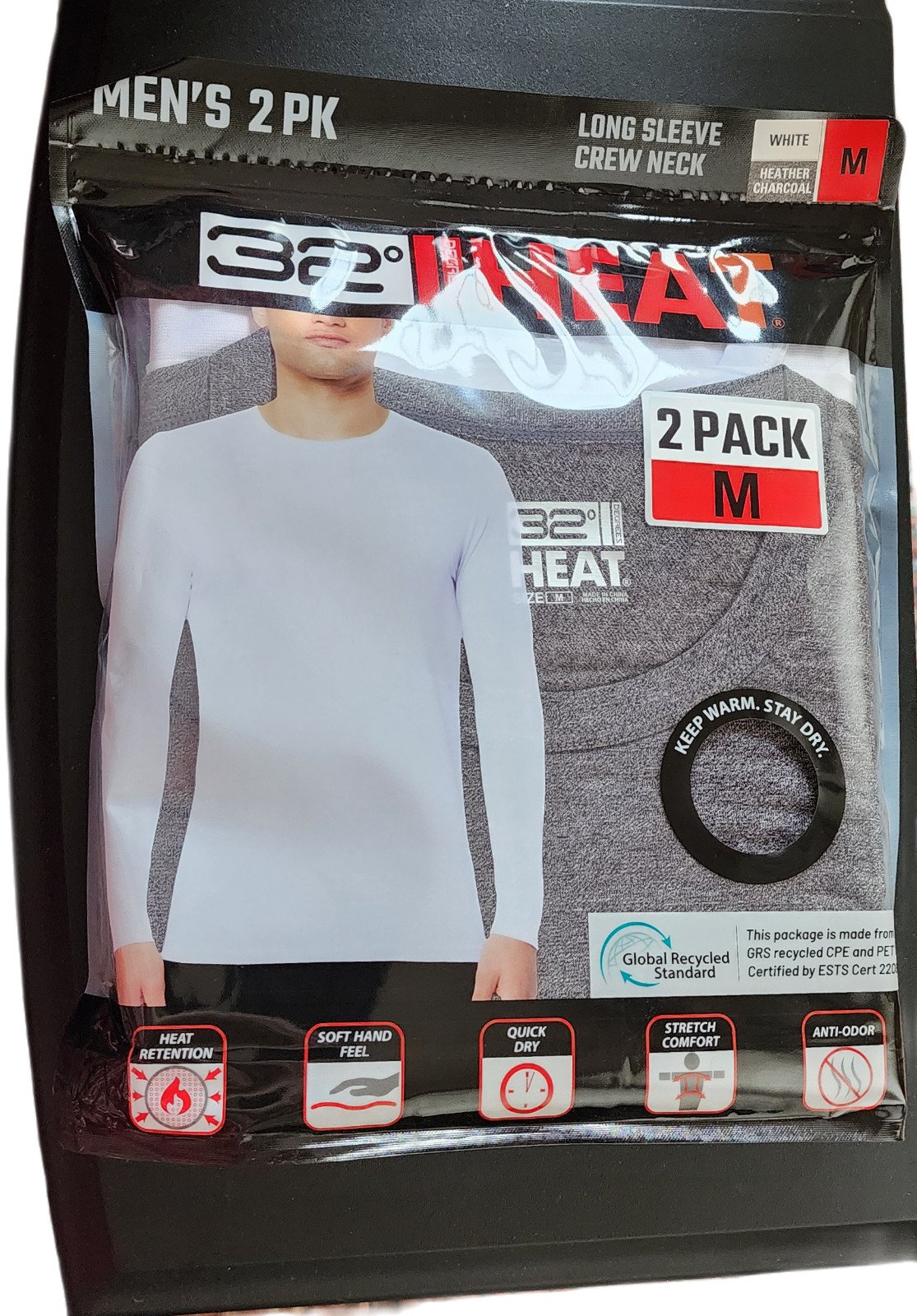 NEW Men’s 32 Degrees Heat 2 Pack Long Sleeve Shirts Crewneck Anti Odor Stretch