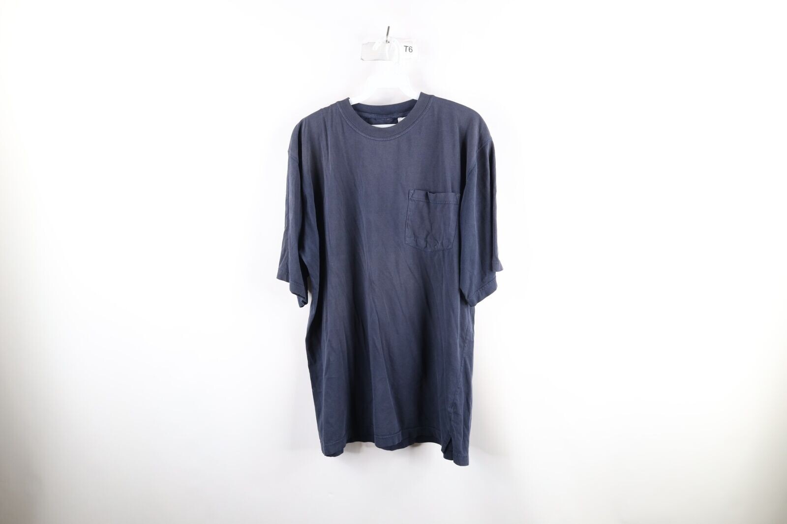 Vintage 90s Streetwear Mens Large Tall Thrashed Blank Pocket T-Shirt Navy Blue gallery