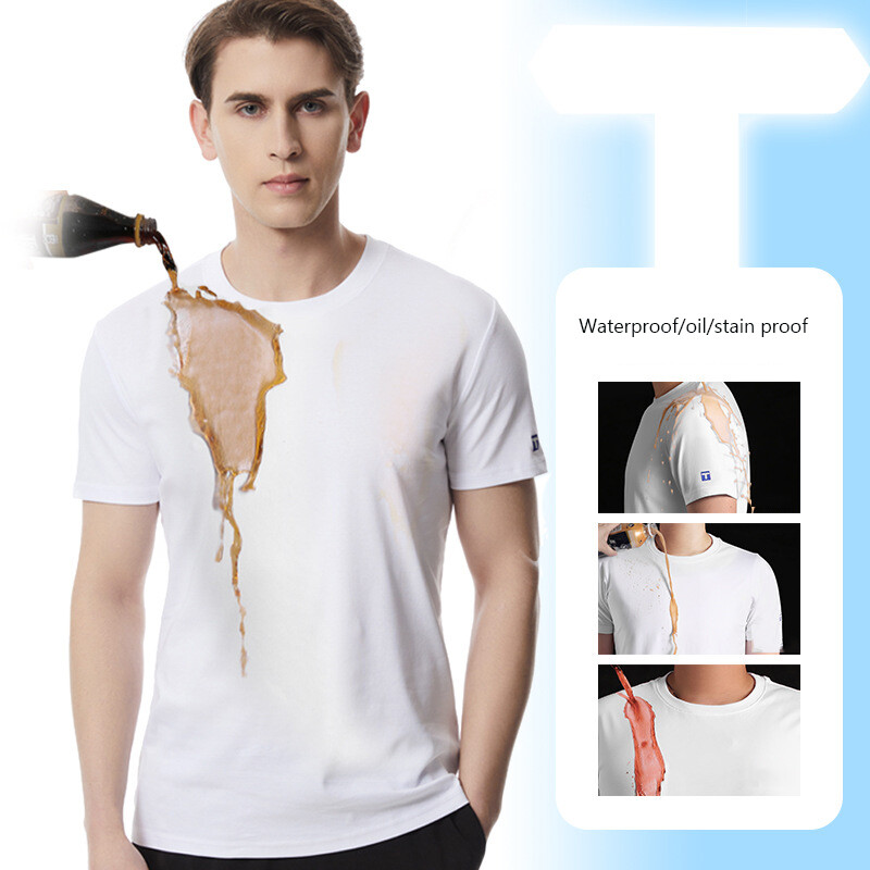 Men's 100% Cotton T-Shirt Waterproof Oil Stain Proof Crew Neck Short Sleeve Tee gallery