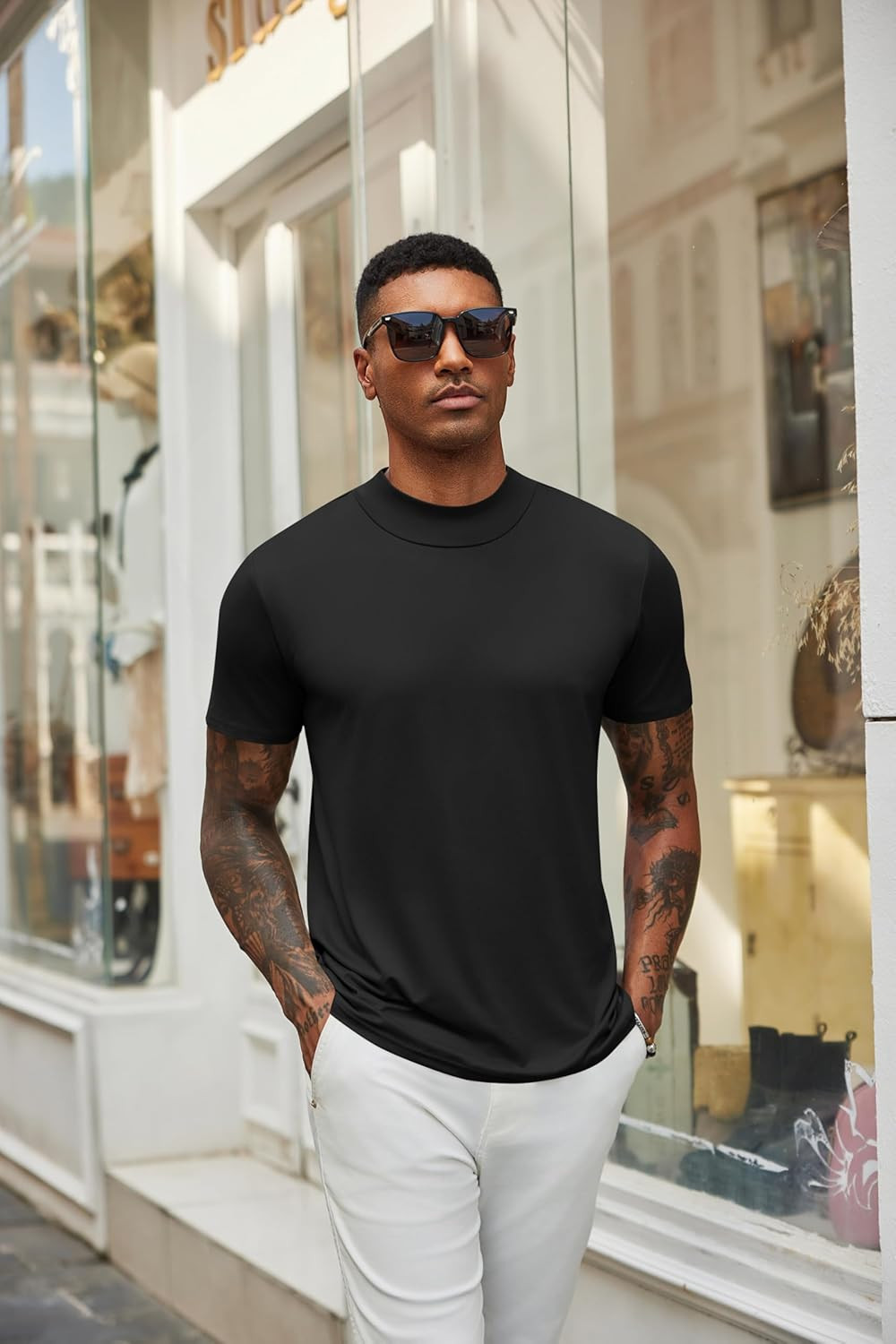 Men'S Mock Neck T Shirt Short Sleeve Slim Fit Basic Casual T-Shirts Solid Color gallery
