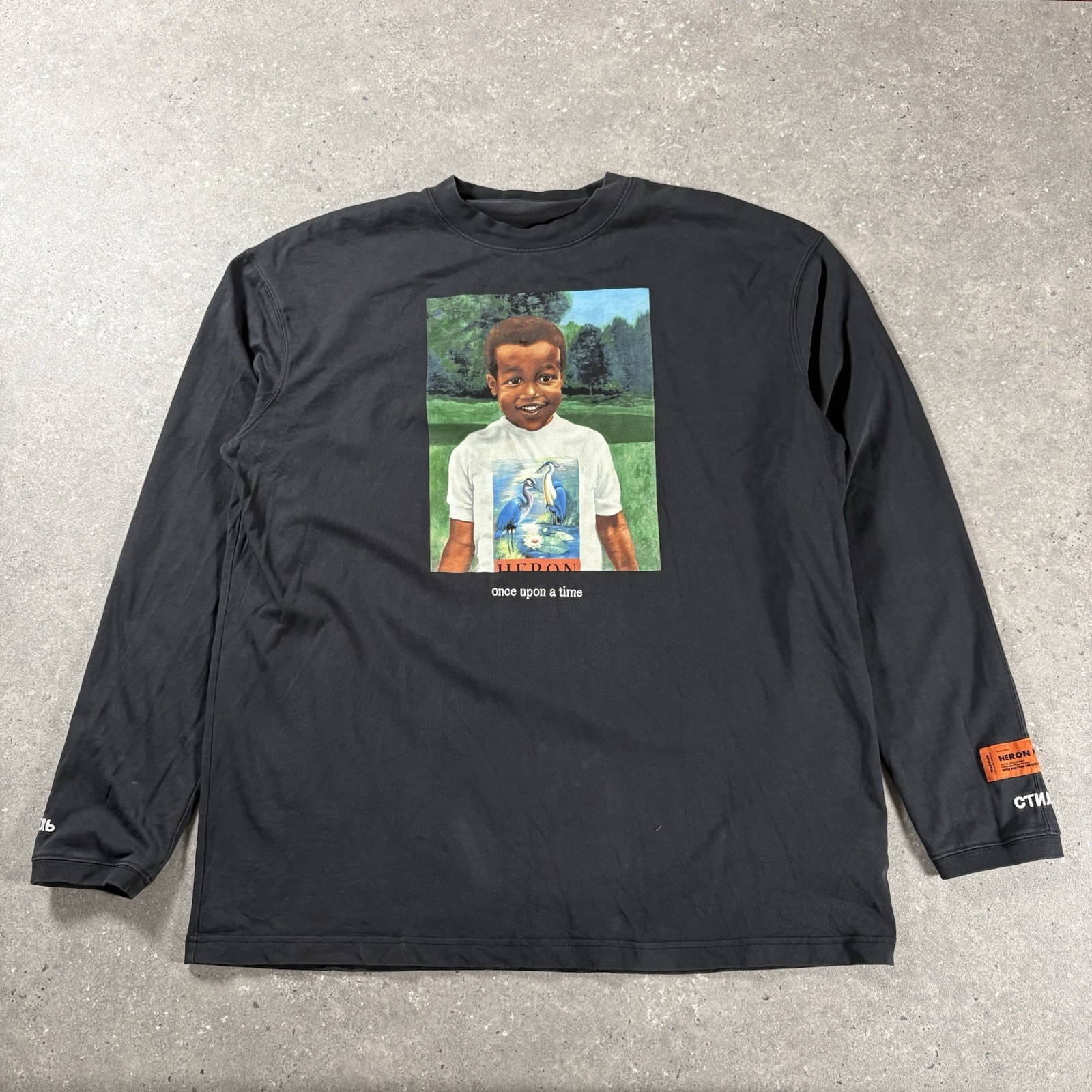Heron Preston T Shirt Mens XXL Black Baby Heron Print Once Upon A Time