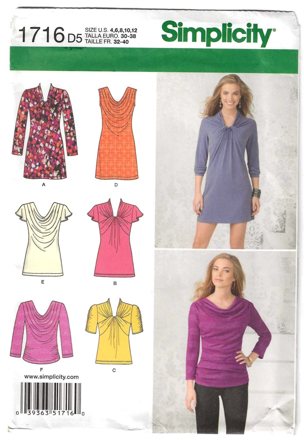 Simplicity 1716 Misses’ Knit Mini-Dress Tunic Top Size D5  4-12 Sewing Pattern