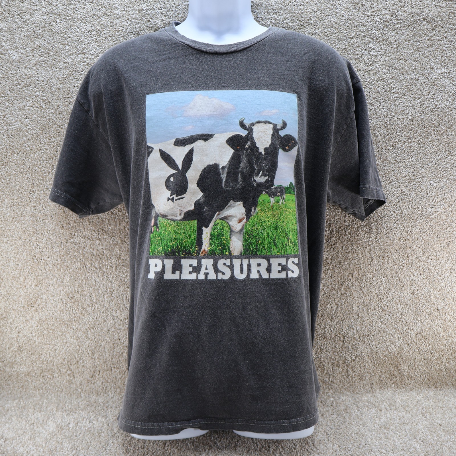 Pleasures Graphic T Shirt Mens XL Black Cow Print Streetwear (see photo for flaw