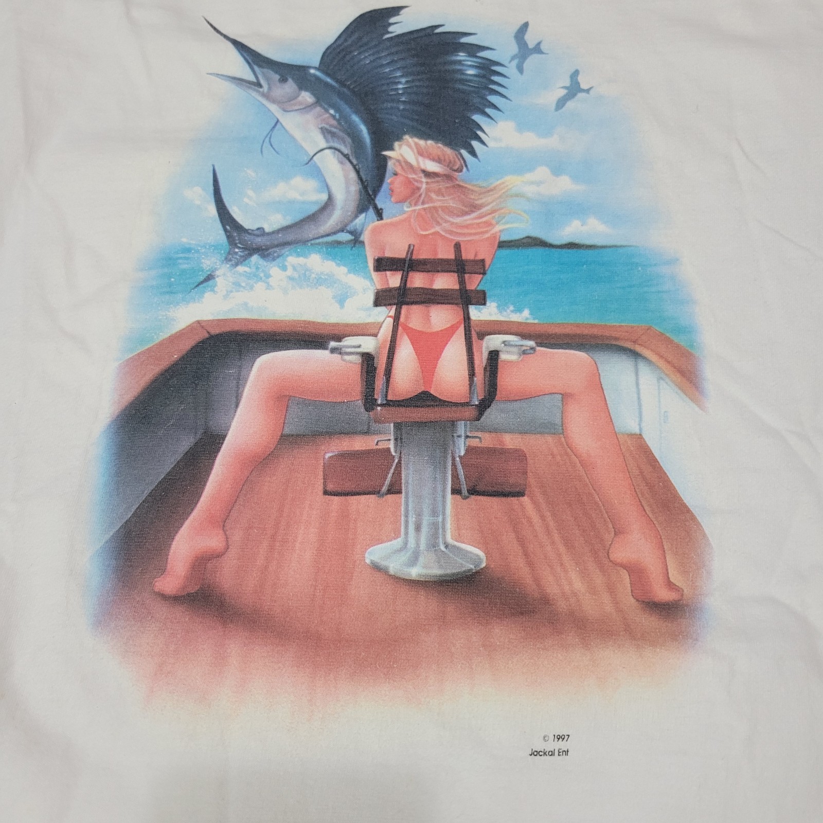 Vintage 90s Fishing Babe Shirt Size XL Front And Back Sailfish Pelagic Fish gallery