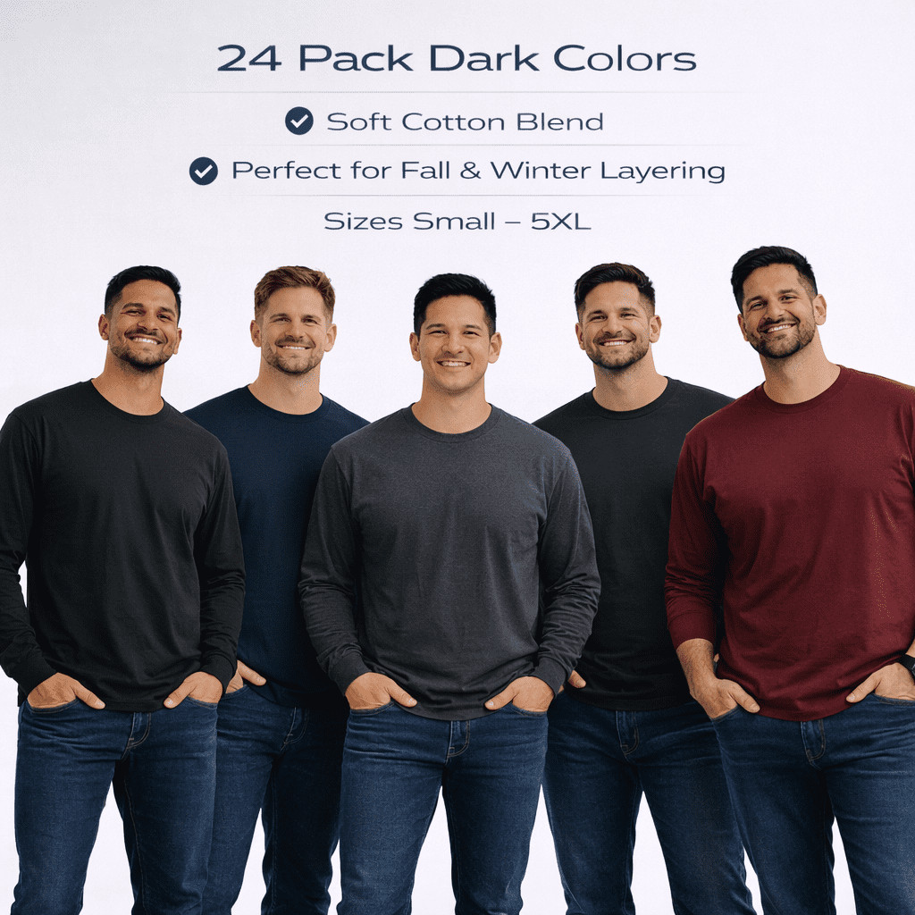 24 Pack Men's Long Sleeve T-Shirts 2XL Dark Colors Cotton Blend Bulk Tees gallery