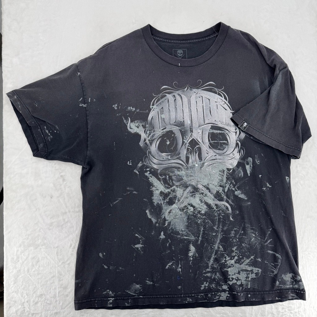 Sullen Skull Tattoo Art Black T-Shirt Thrashed Paint Splatter Faded Grunge Punk gallery