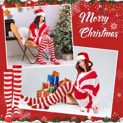 Christmas Candy Cane Present Costume Women Holiday Poncho Thigh High Sock