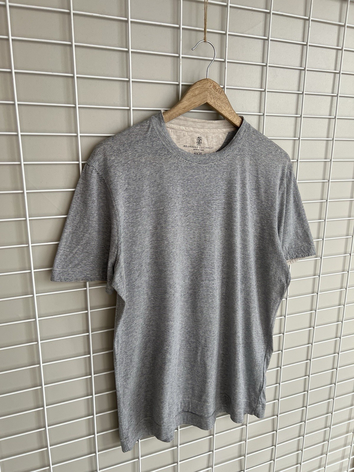 Brunello Cucinelli Striped Cotton/Linen T-Shirt Mens Size L Gray Short Sleeve gallery