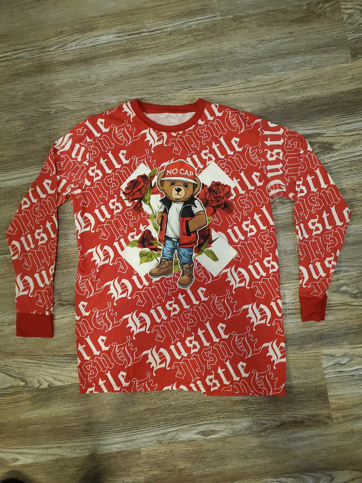 Bailey Apparel Hustle NO CAP Bear All Over Graphic Long Sleeve T-Shirt L large