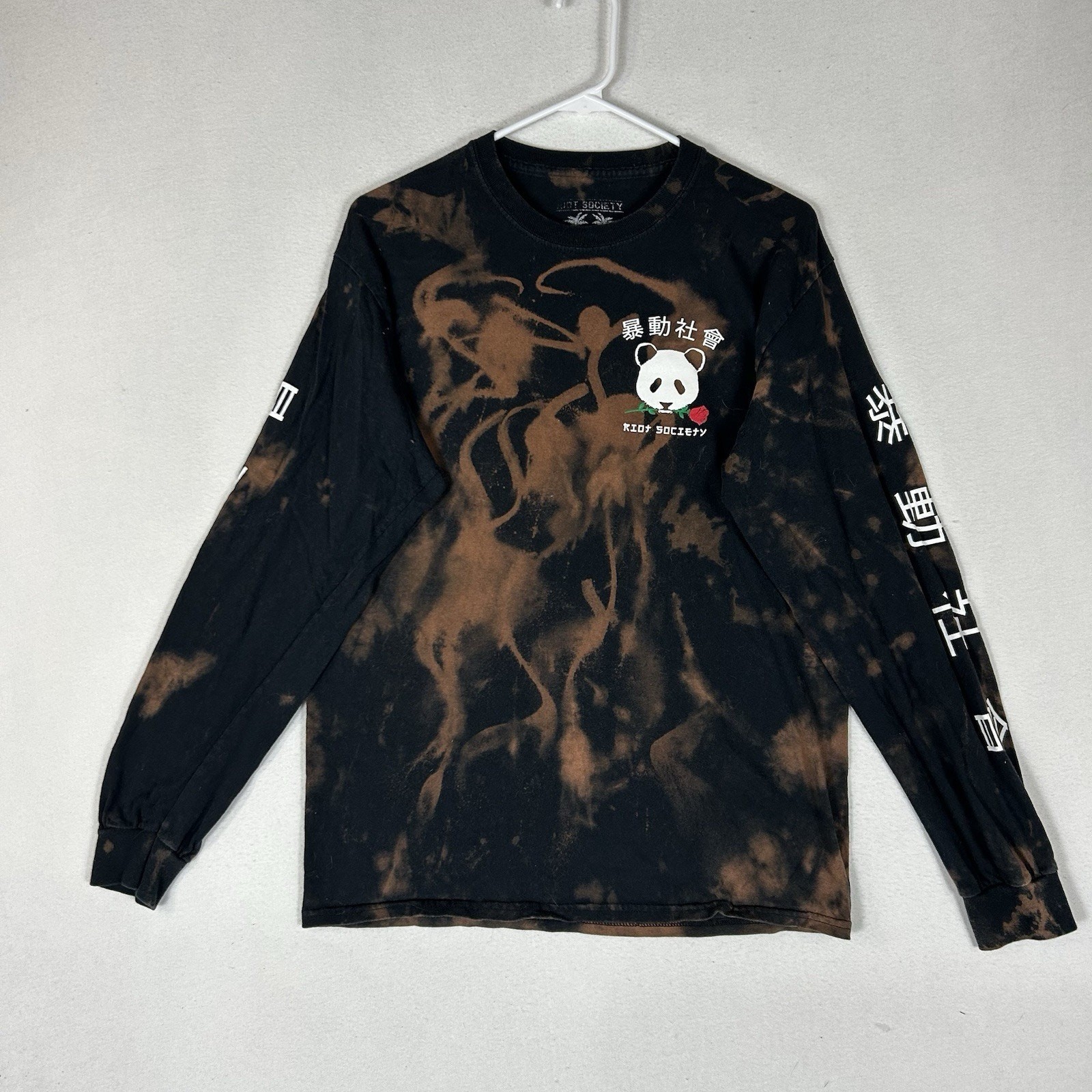 Riot Society Long Sleeve T-Shirt Men’s Medium Panda Rose Tye Dye Black Brown Tee
