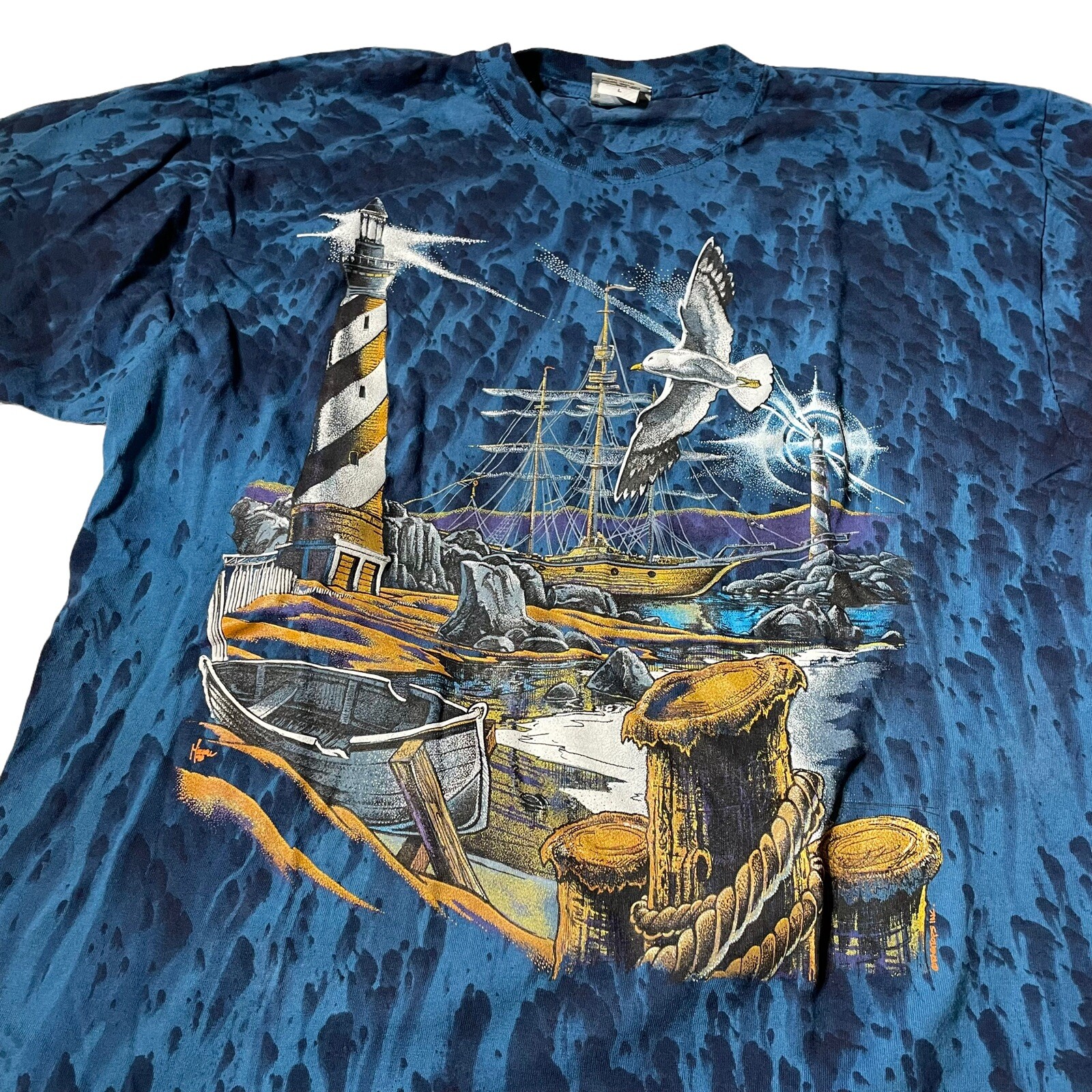 Vintage 90's Tie Dye Boat Ship Seagull Ocean T Shirt XL Men's USA Blue gallery
