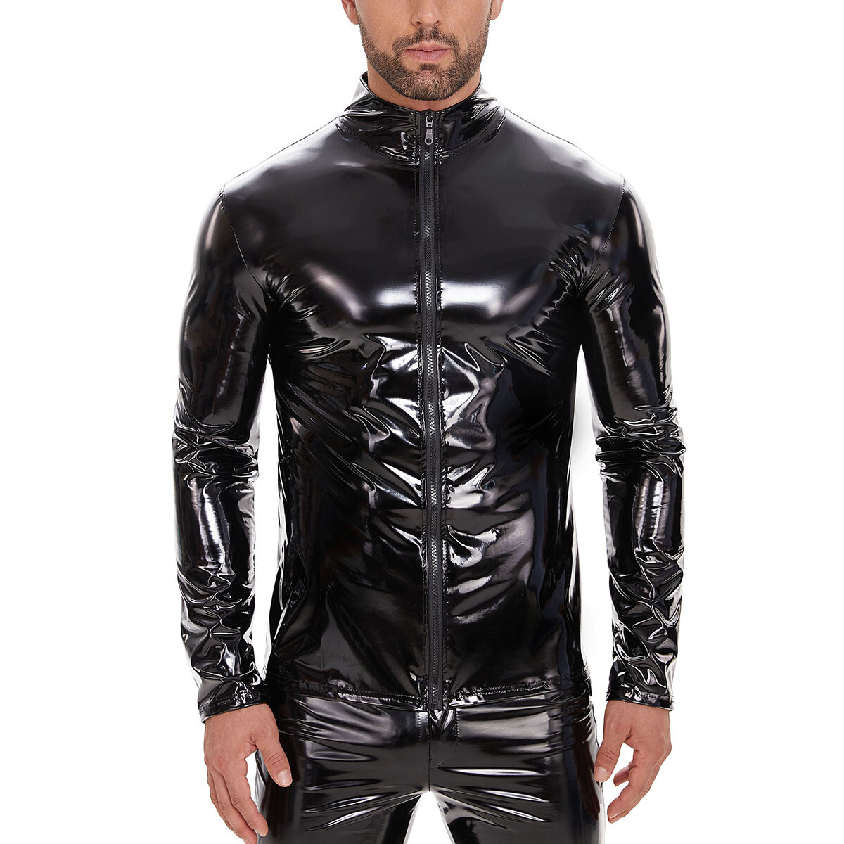 Sexy Men's Wet Look Patent Leather Motorcycle Jacket Front Zippered Biker Coat gallery