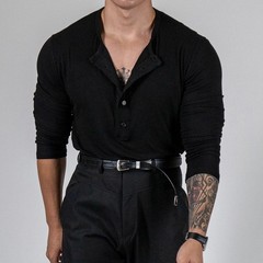 Ribbed Stretch Long Sleeve V Neck Athletic Top for Men Training Casual Wear
