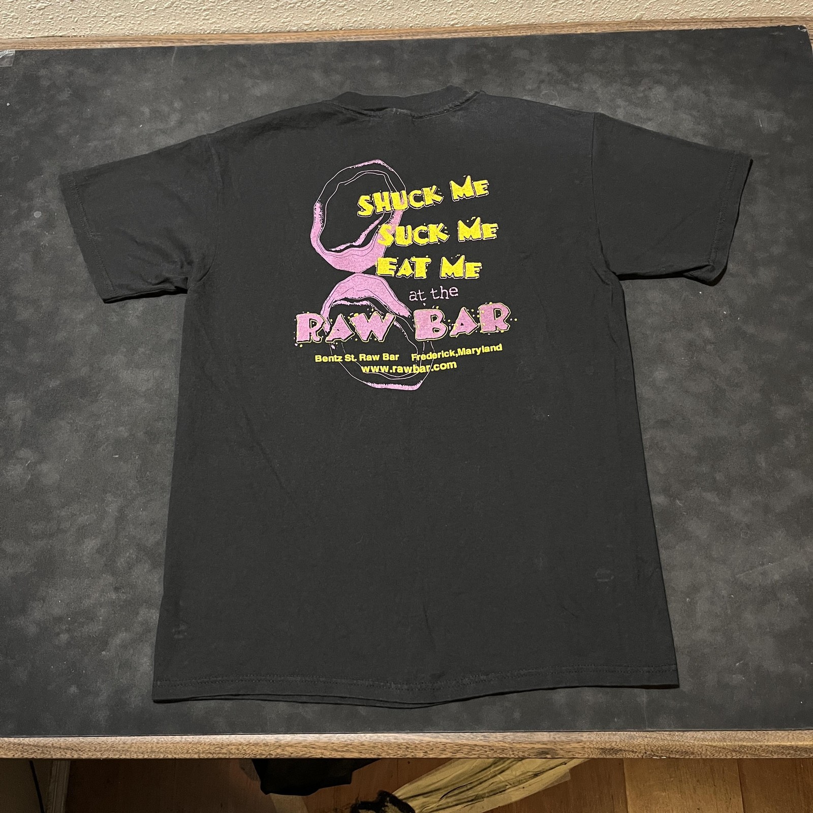 Eat It Raw Distressed Bar Shirt Sexy Pin Up Oyster Slogan Tee Stripper Playboy
