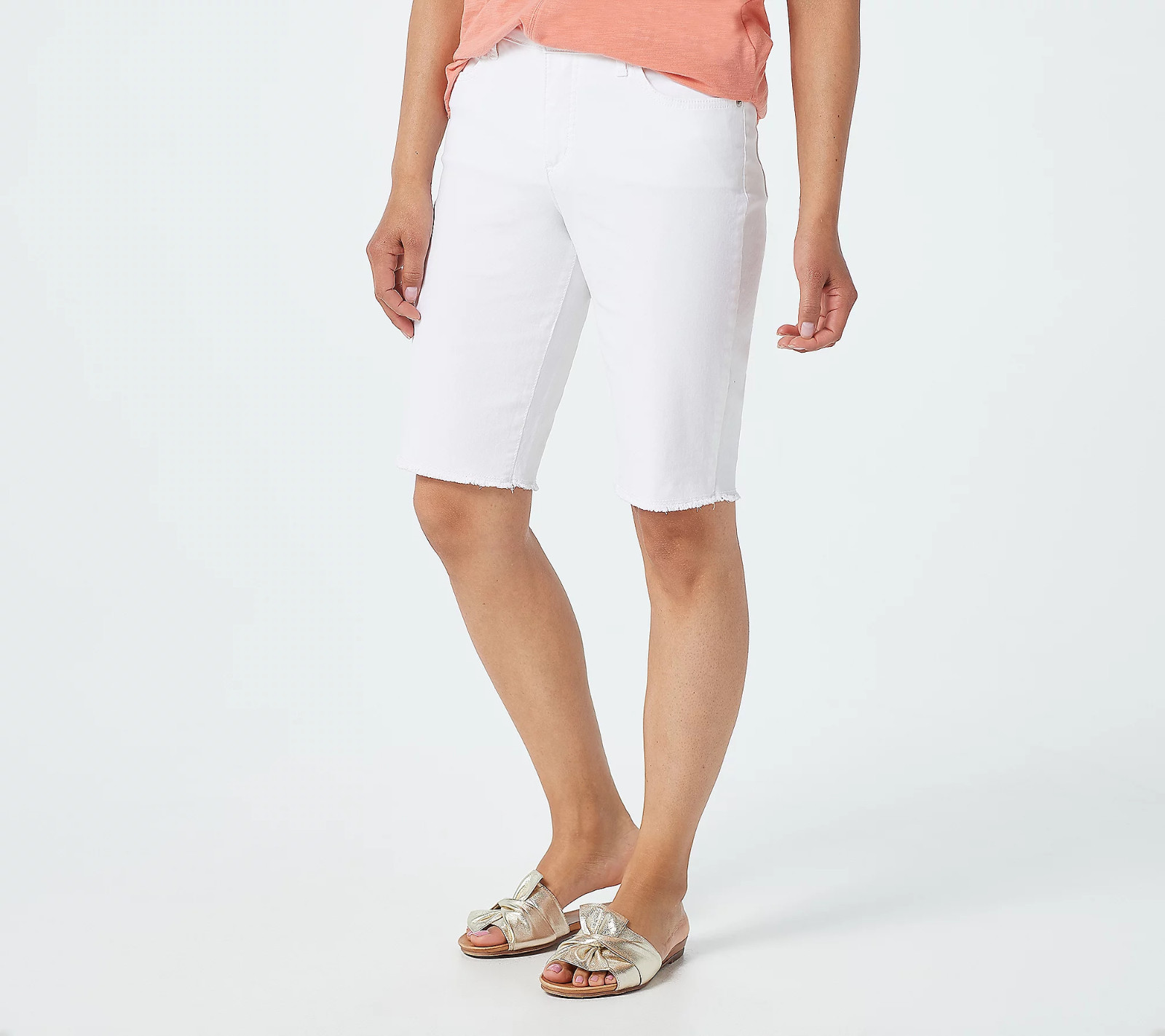 10 Denim & Co. Bermuda Short With Frayed Hem Twill WHITE L/6