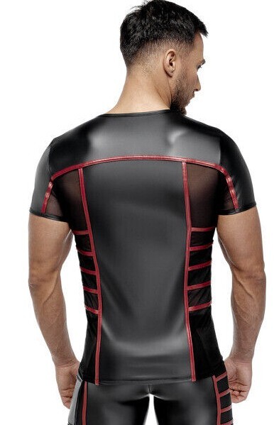 Mens Shirt With Red Stripes In Black Wet Look With Mesh Inserts At The Sides gallery