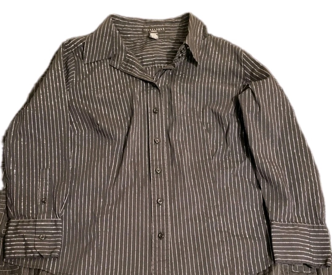 Apostrophe Womens (20-22W) 2 XL Black Button-Up Shirt W/Silver Stripes