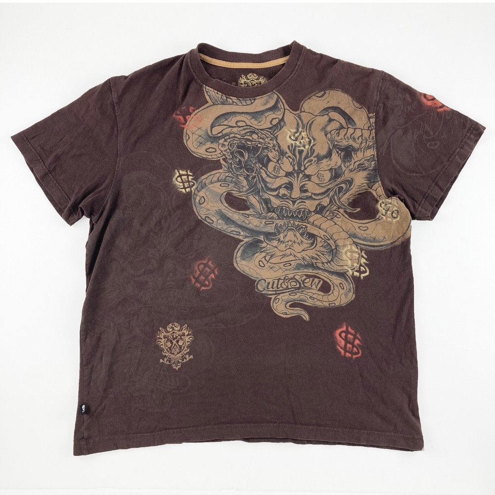 Marc Ecko Cut & Sew Snake Brown Shirt Large Y2K Tattoo Art