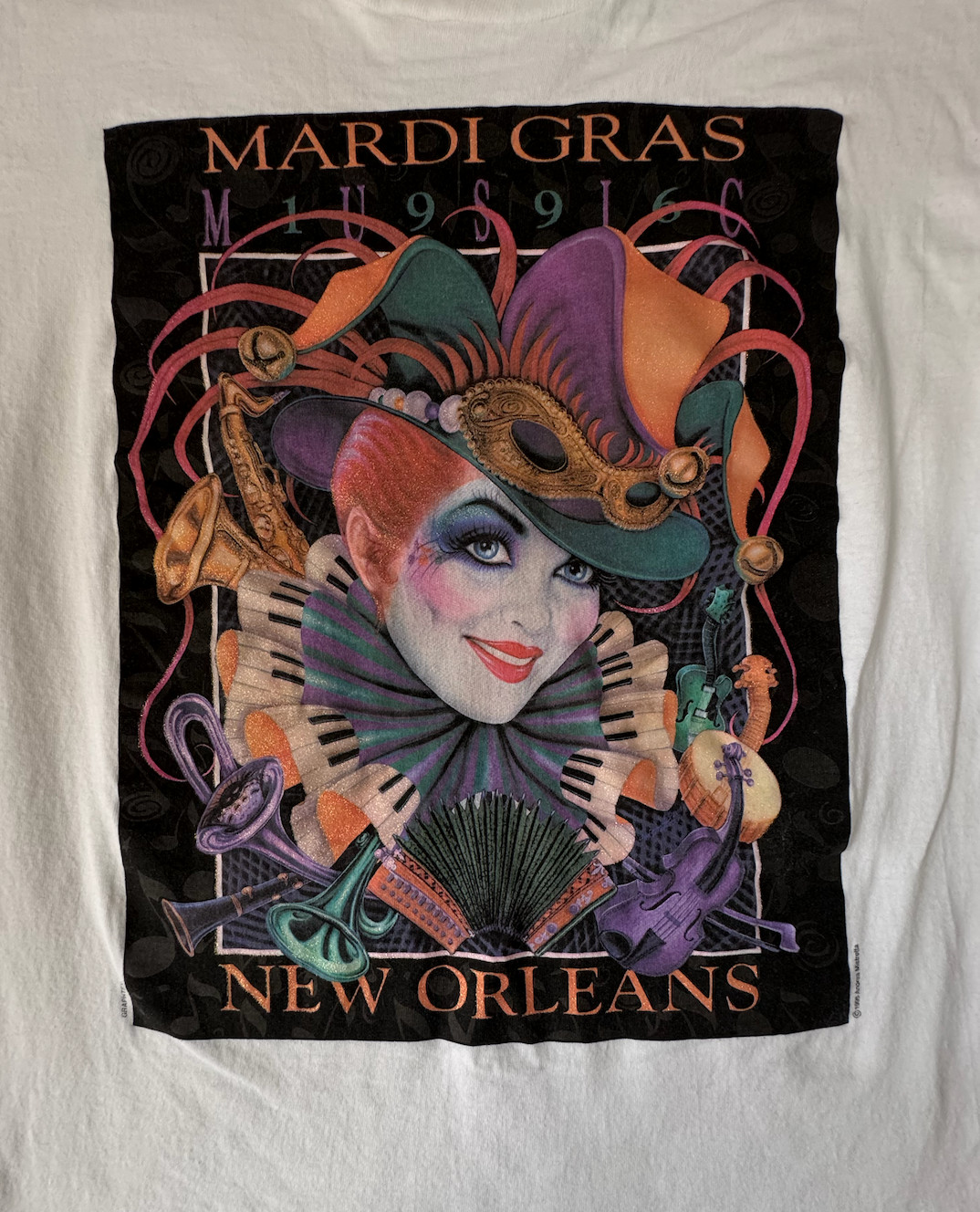 Mardi Gras T Shirt L Andrea Mistretta Art New Orleans Magic Vtg 1995 White gallery