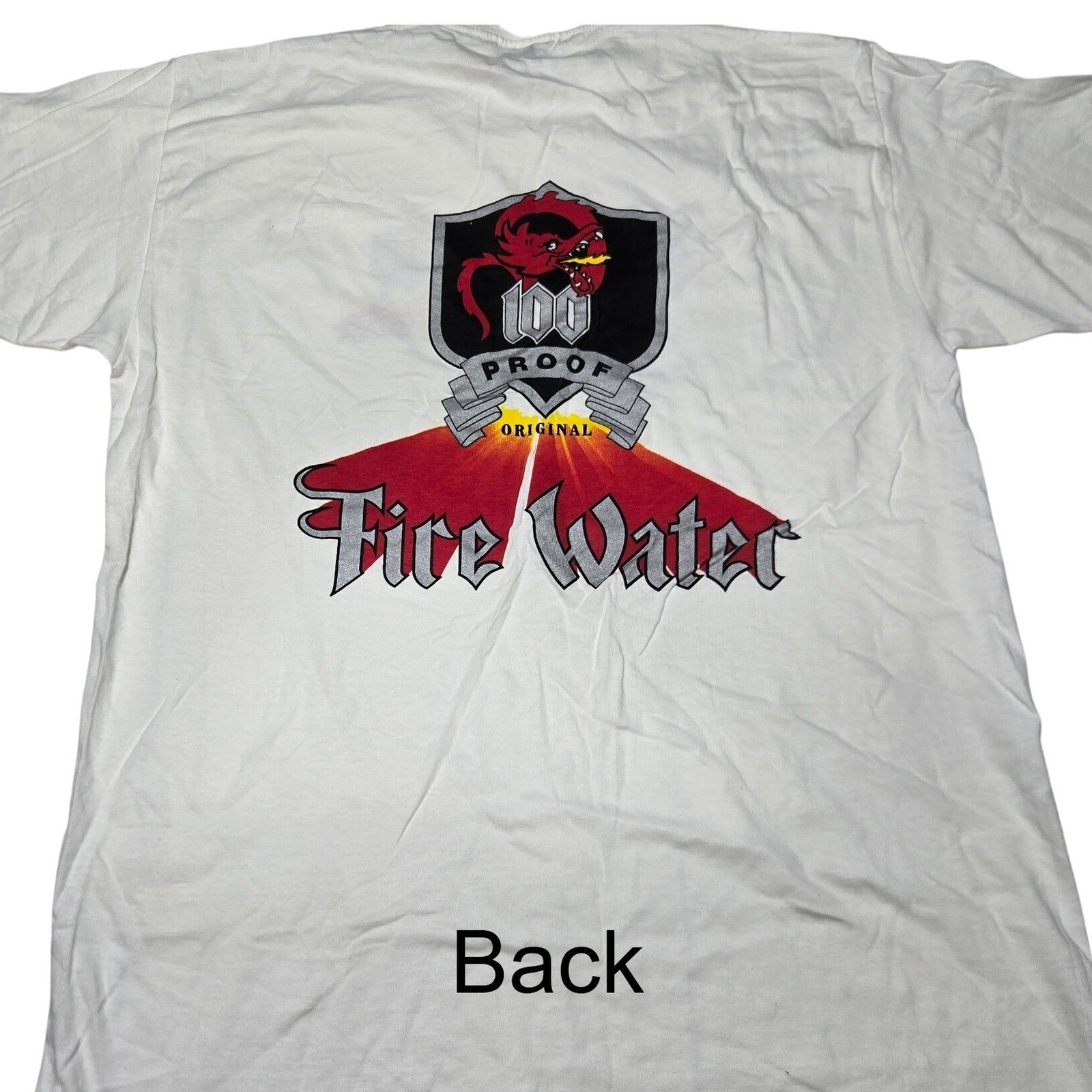 Vintage 100 Proof Fire Water Dragon Graphic T-Shirt Mens Large White
