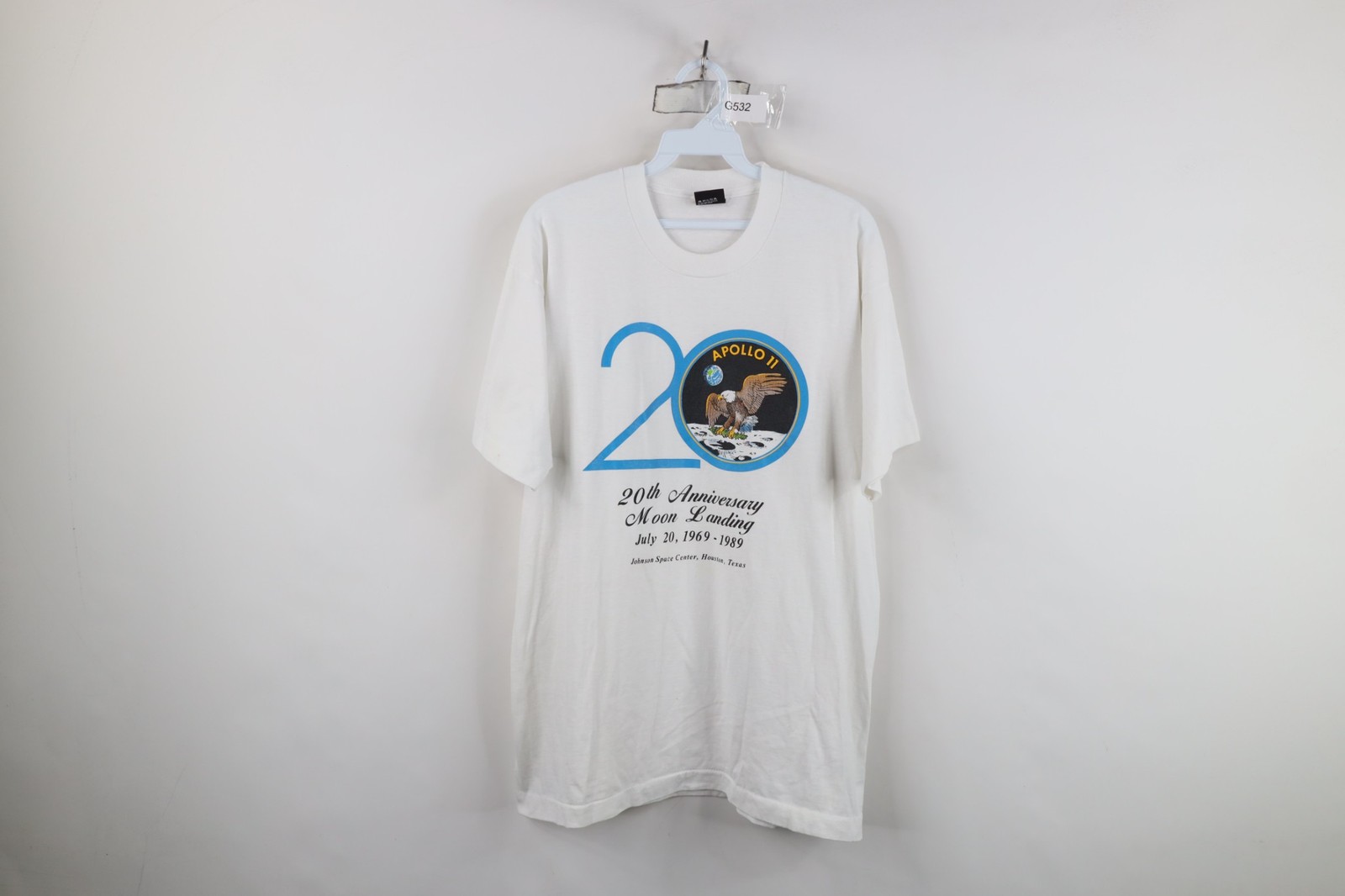 Vintage 80s Mens XL 20th Anniversary Moon Landing Apollo 11 Space T-Shirt USA