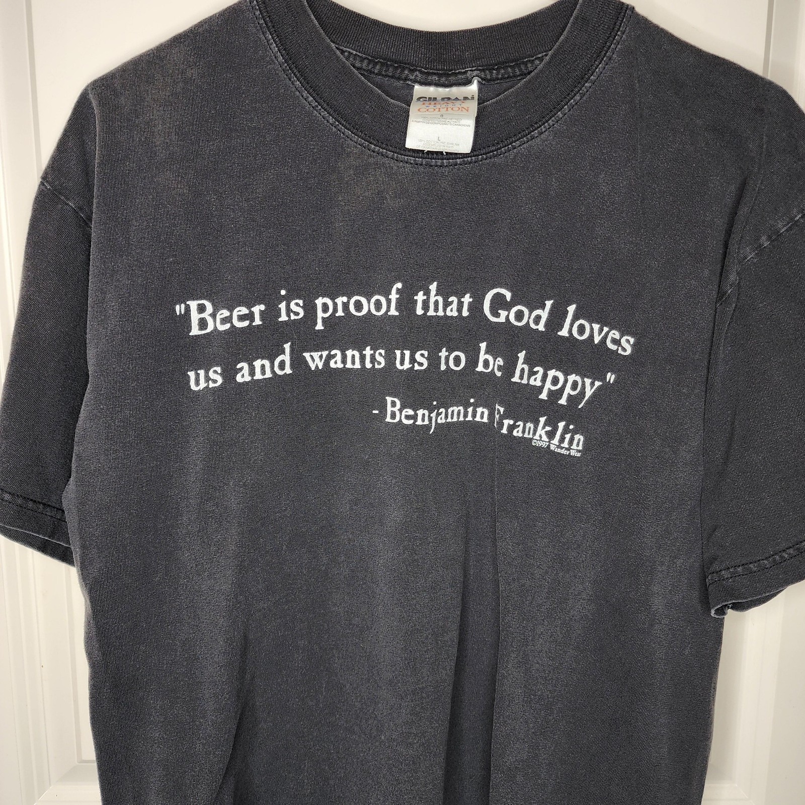 Vintage Benjamin Franklin Beer Shirt Mens Large Gray Funny Quote Tee 1997 Gildan