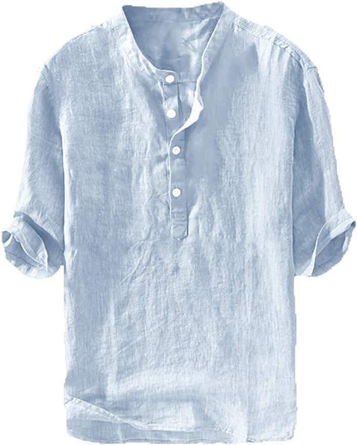Men's Casual Linen Cotton 3/4 Sleeve Henley T-Shirt - Lightweight Summer Top gallery