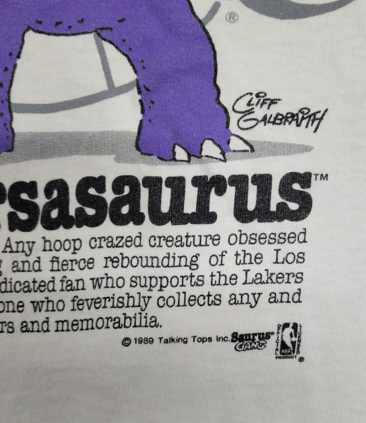 Los Angeles Lakers Lakersasaurus T-shirt Cliff Galbrath 80s NBA SS Rare VTG gallery