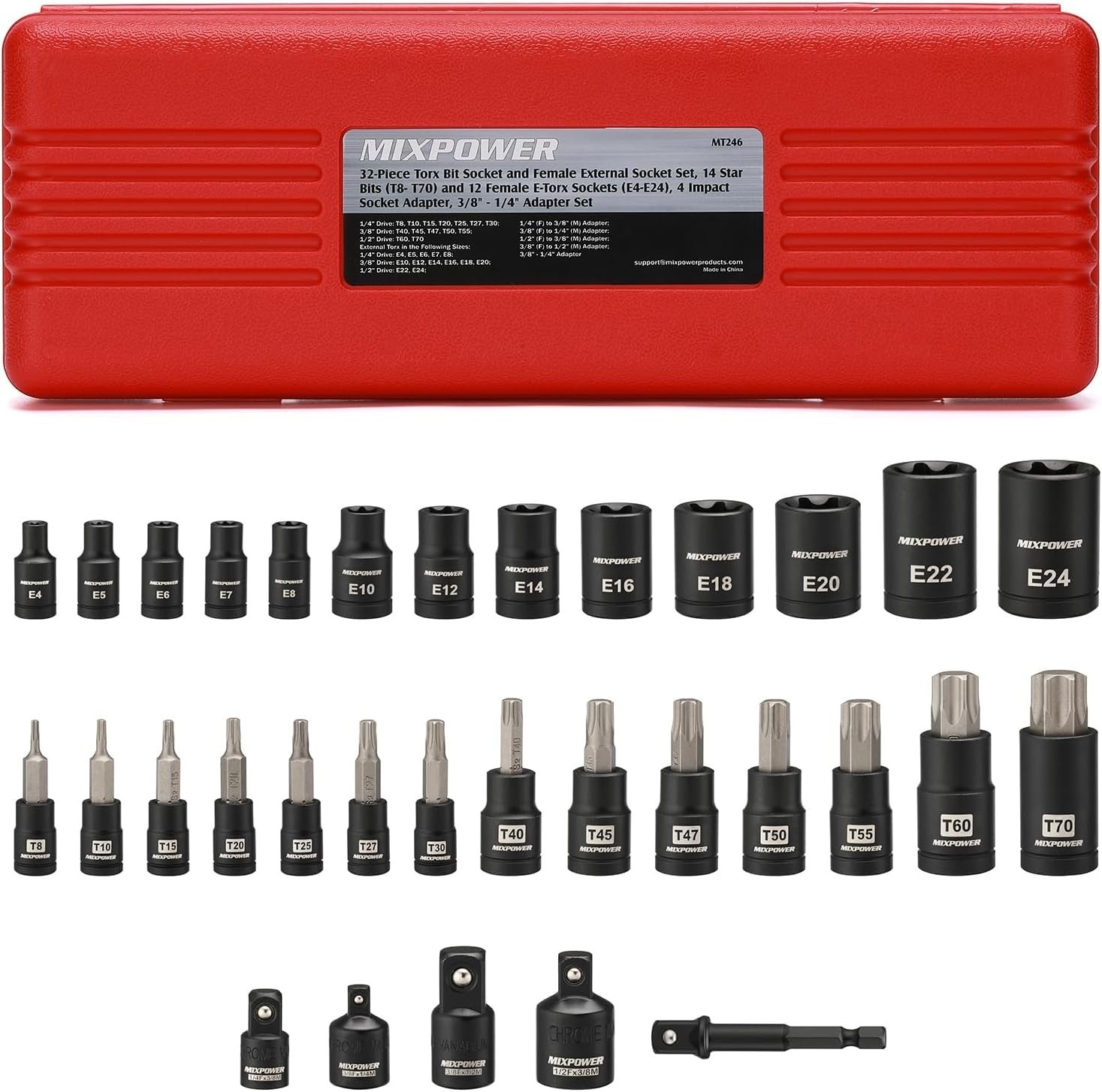 Durable 32PCS Socket Set with T8-T70 Star Bits & E4-E24 Sockets, CR-V Steel