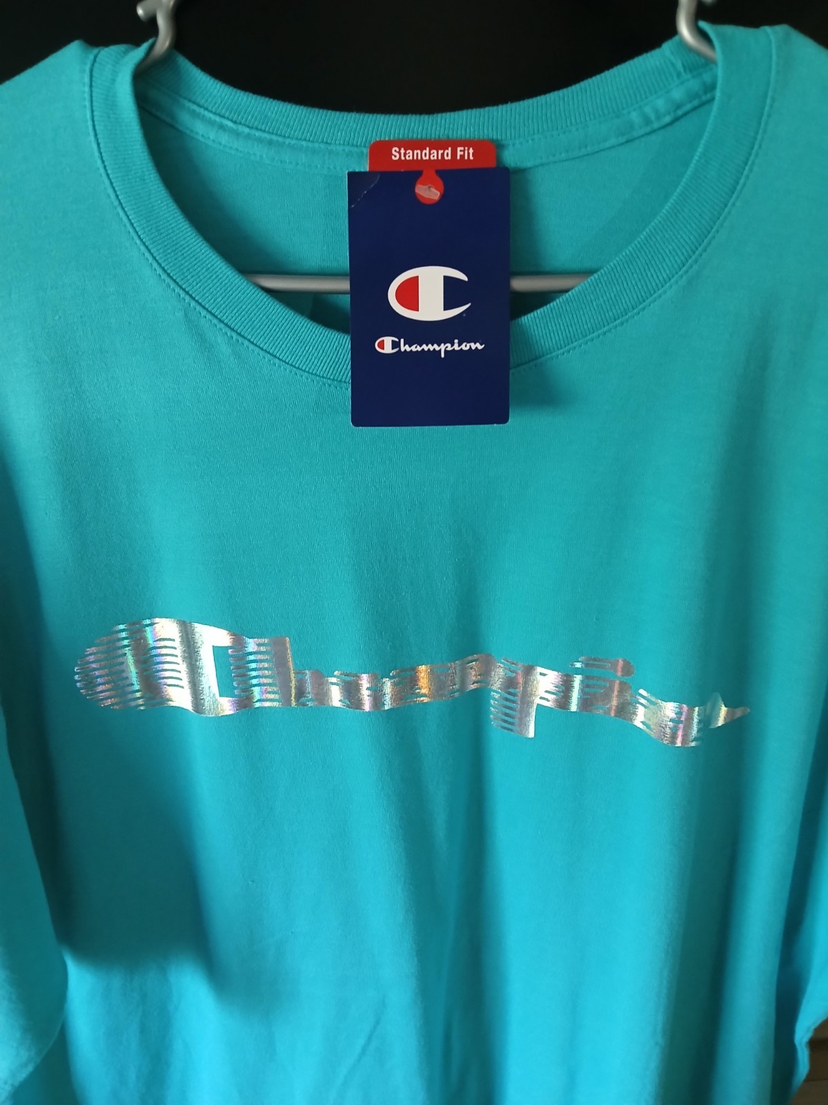 Brand New with Tags (NWT), Champion script tee, holographic, metallic, turquoise gallery