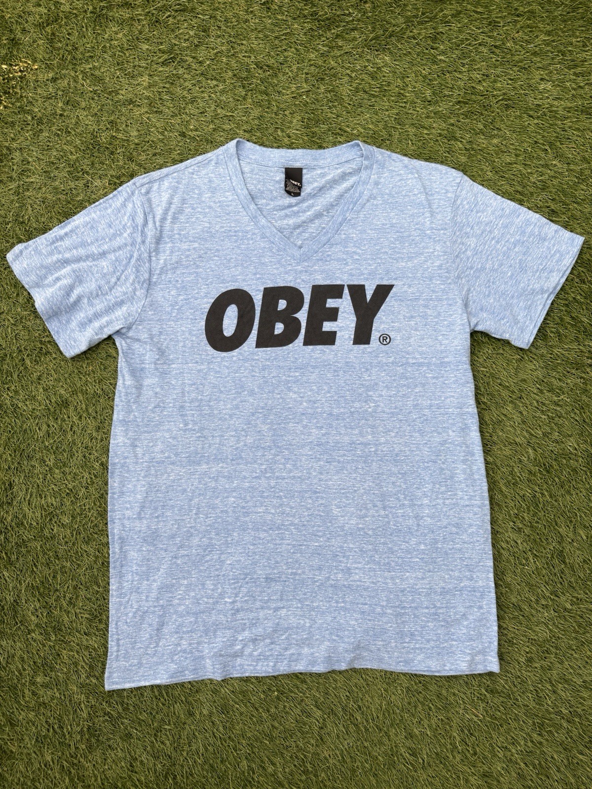 OBEY Graphic T-Shirt Made in USA Blue Streetwear Skate Tee Size L