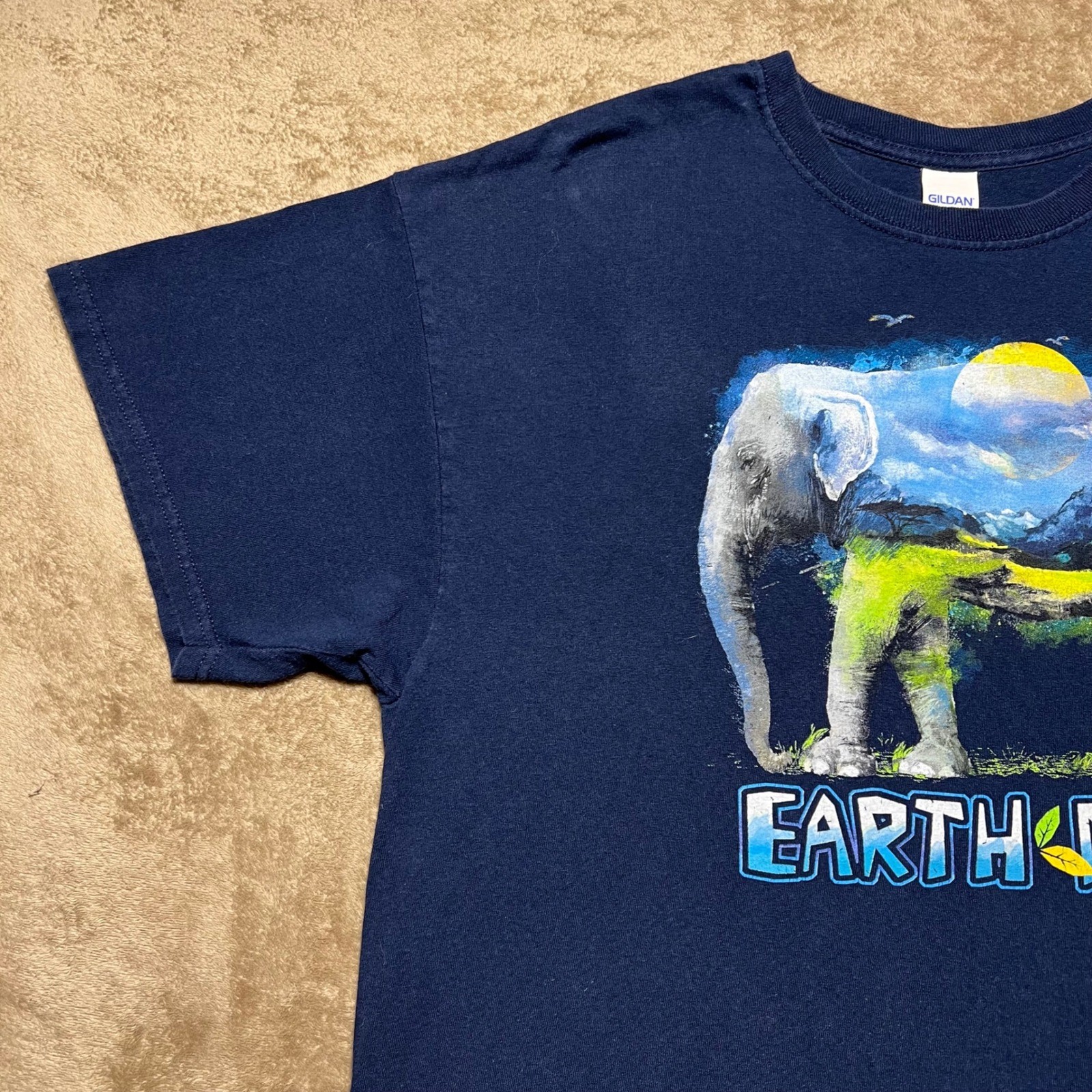 Vintage Earth Day Elephant Graphic T Shirt Mens XL Navy Blue Cotton Nature Tee gallery