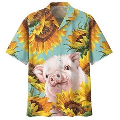 Mens Button Down Shirts Funny Pig Animal Printed Hawaiian Tops Novelty Ugly Gift