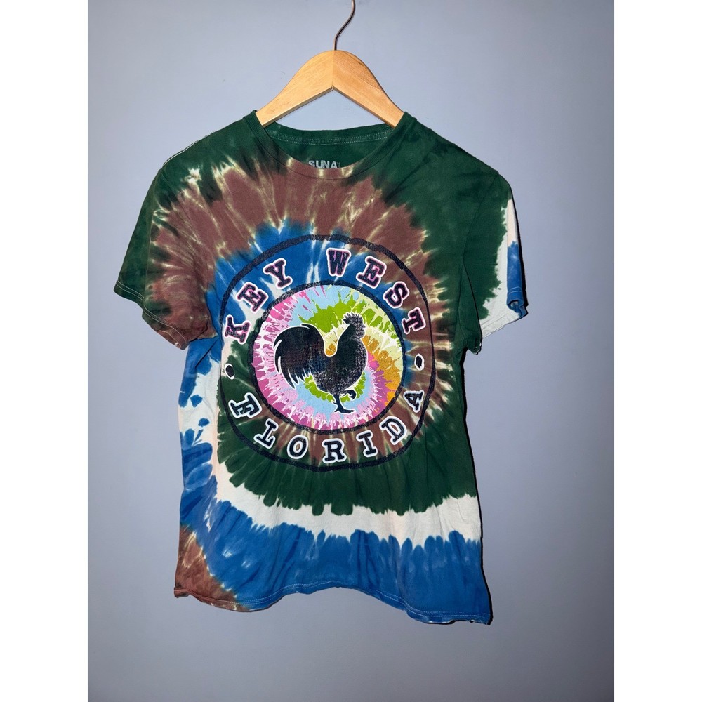 SUNA Key West Florida Rooster Tie Dye T-Shirt Mens Medium Green Blue Souvenir