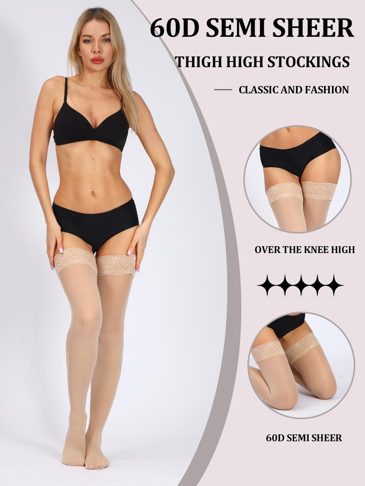 60D Semi Sheer Thigh High Stockings with Lace Top - Women's Lingerie Pantyhose gallery