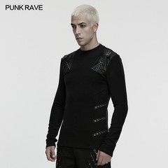 Punk Rave Men Black Gothic Handsome Punk Splicing Knitted T-Shirt Slim Fit Tops