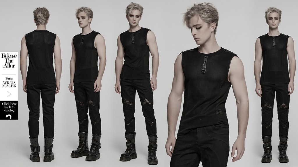 Punk Rave Men Black Gothic Cyber Punk Mesh Splicing Vest Slim Fit Casual Tops gallery