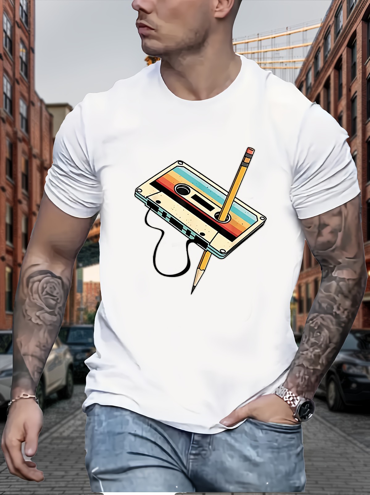 Men Retro Cassette Print T-Shirt - Casual Crew Neck, Slight Stretch, Summer Top▧ gallery