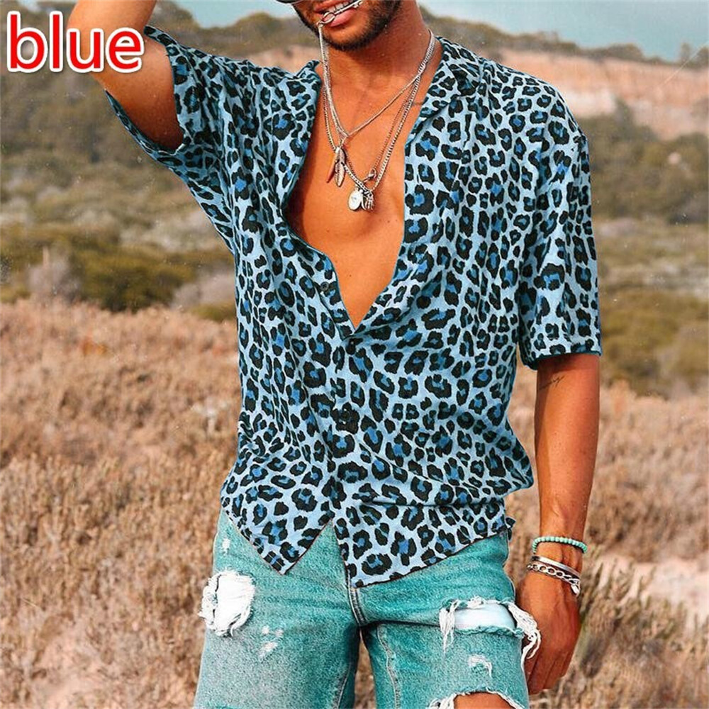 Men's Leopard Print Shirt Casual Slim Shirts Short Sleeve Button Down Top Blouse gallery